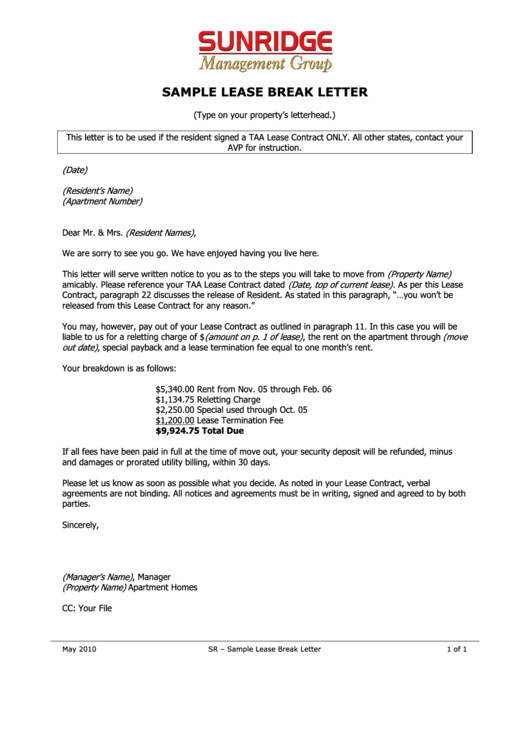 Sample Lease Break Letter Printable pdf