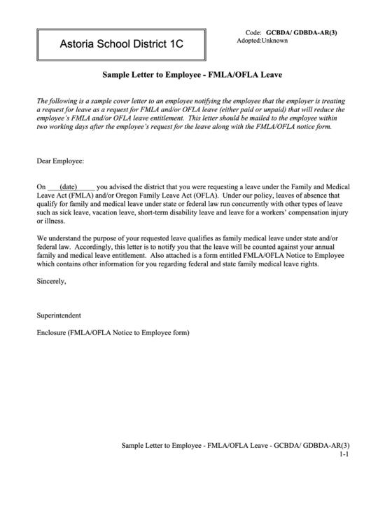 Sample Letter To Employee - Fmla/ofla Leave Printable pdf