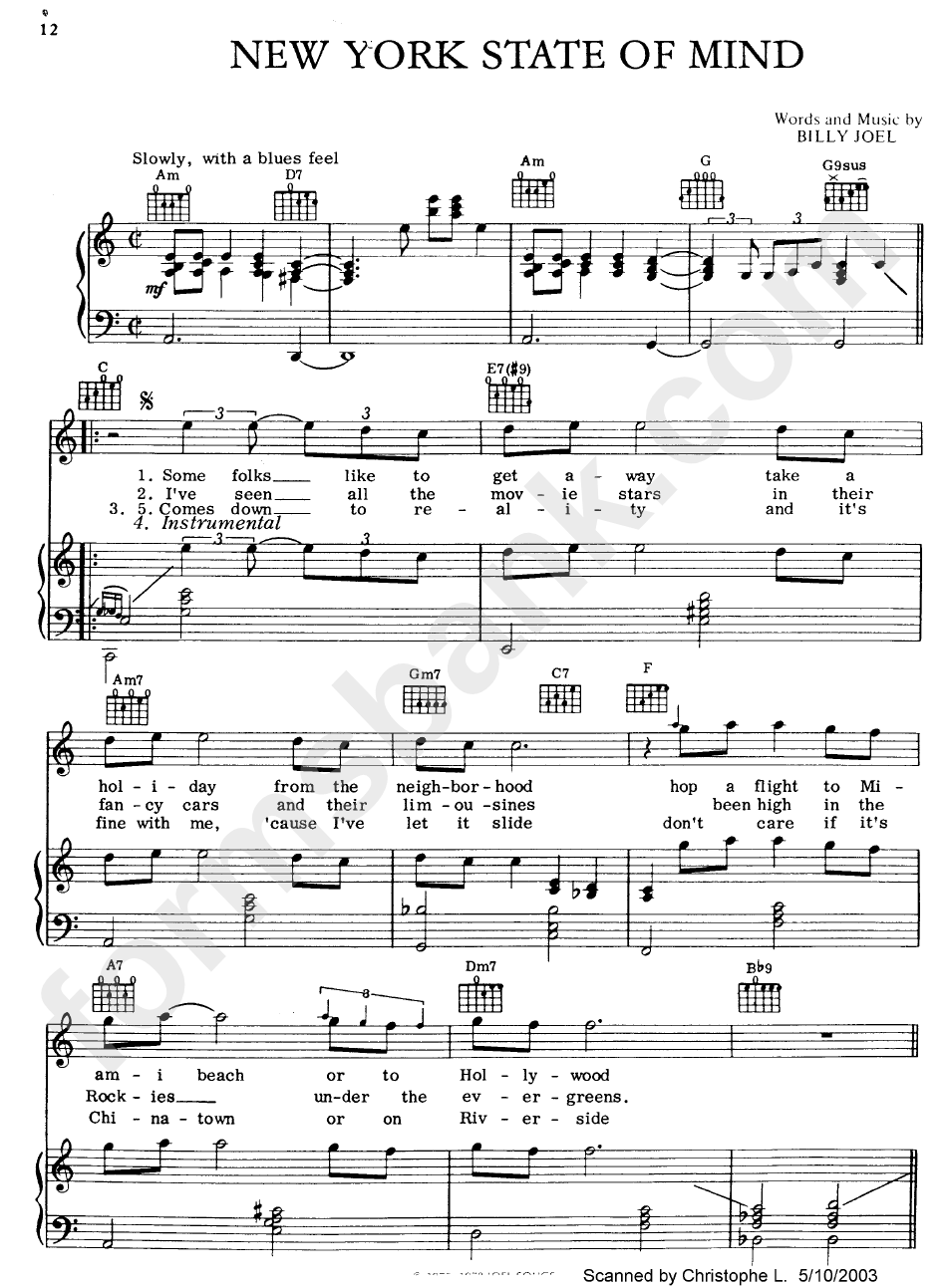 New York State Of Mind Sheet Music - By Billy Joel
