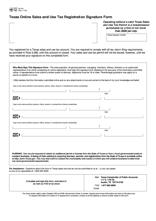 Fillable Ap-215 Online Sales And Use Tax Registration On Signature Form Printable pdf