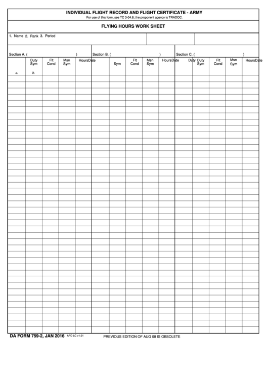 Fillable Da Form 759-2 - Individual Flight Record And Flight Certificate Printable pdf