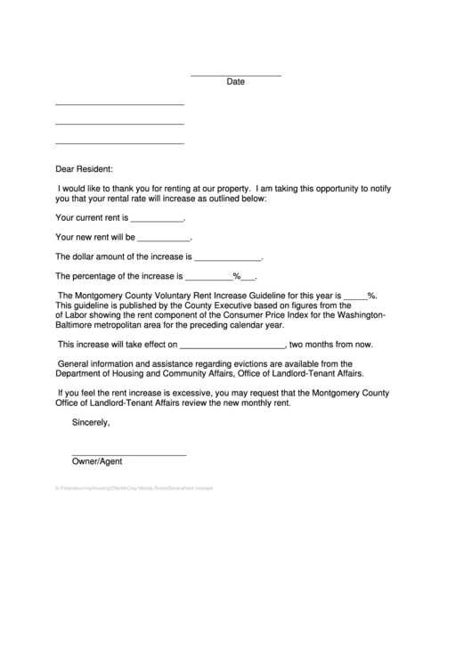Rental Increase Letter Template Printable pdf