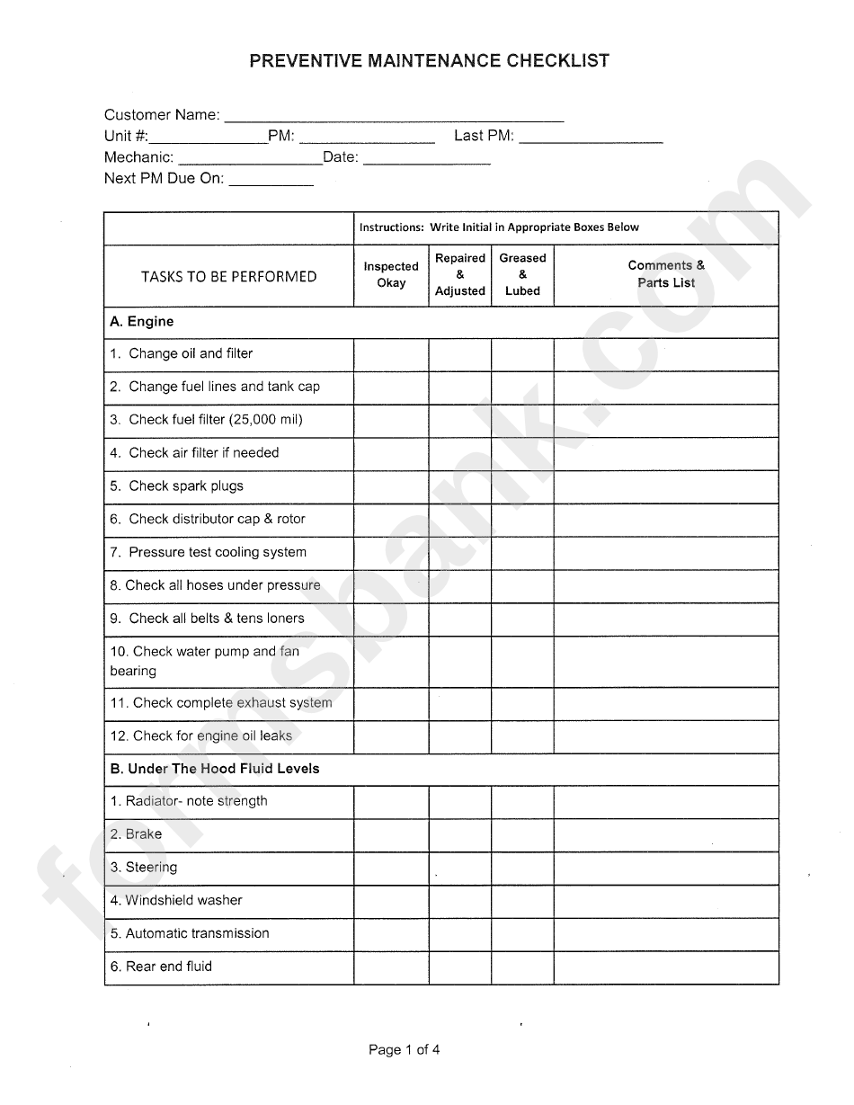 preventive maintenance checklist template excel