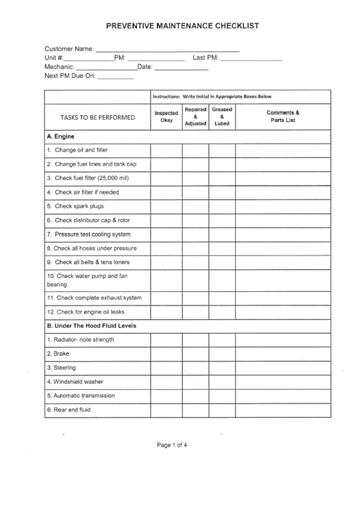 Preventive Maintenance Checklist Template Printable pdf