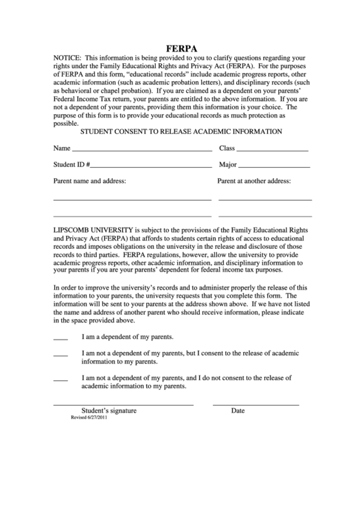 Ferpa Form - Student Consent To Release Academic Information Printable pdf