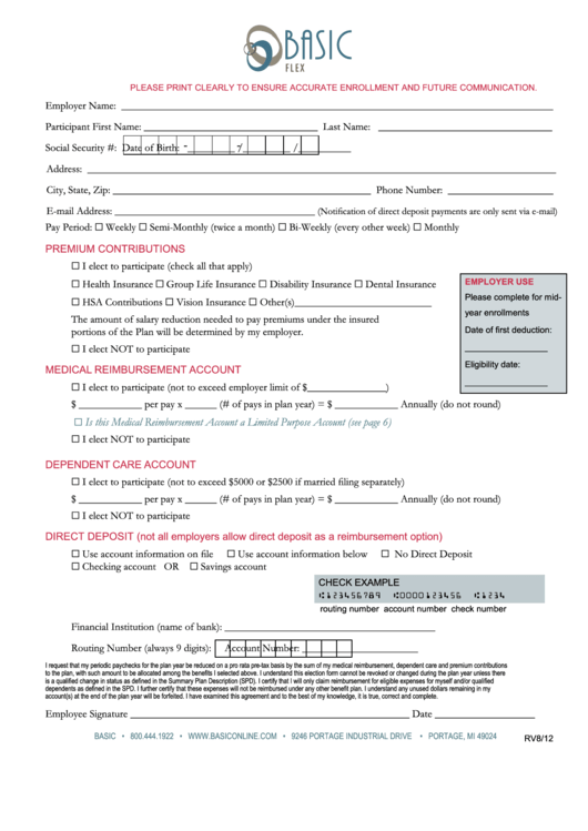 Fillable Basic Flex Employee Direct Deposit Enrollment Form Printable pdf
