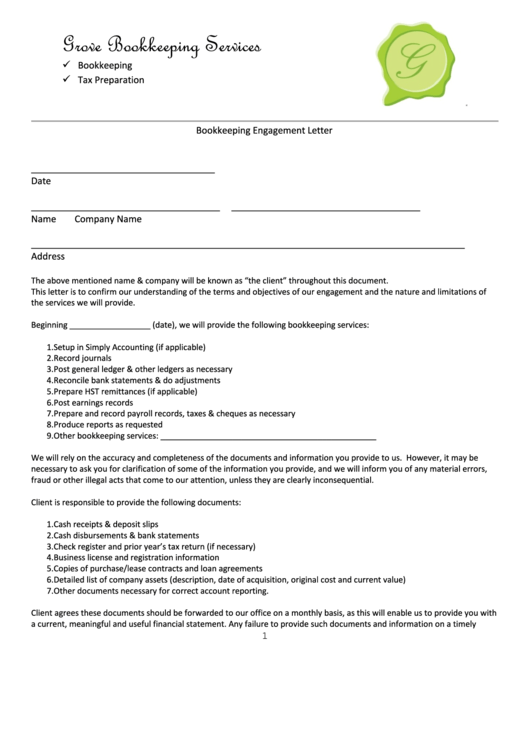 Bookkeeping Engagement Letter Printable pdf