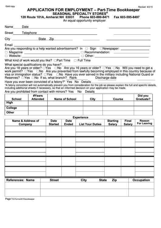 Application For Employment Part Time Bookkeeper Printable pdf