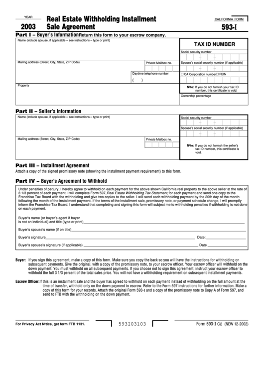 Form 593-I - Real Estate Withholding Installment Sale Agreement Printable pdf