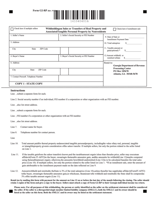 Fillable Form G2-Rp - Withholding On Sales Or Transfers Of Real Property By Nonresidents Printable pdf