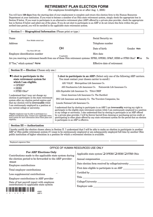 Fillable Retirement Plan Election Form For Printed Letters Printable pdf