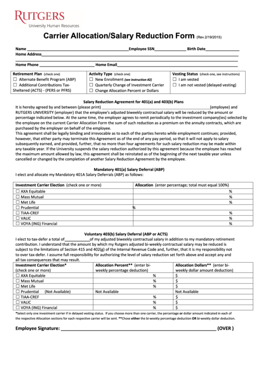 Fillable Carrier Allocation Salary Reduction Form Printable pdf