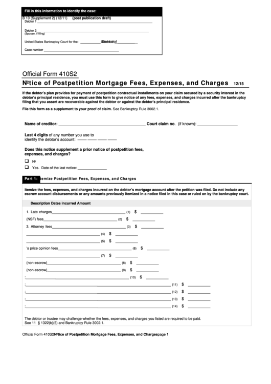 Fillable Official Form 410s2 - Notice Of Postpetition Mortgage Fees Expenses And Charges Printable pdf