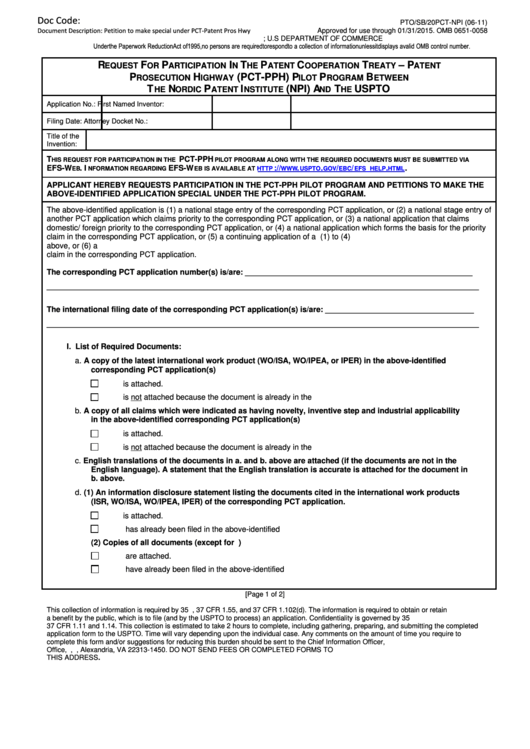 Form Pto/sb/20pct-npi - Request For Participation In The Patent Cooperation Treaty - 2011