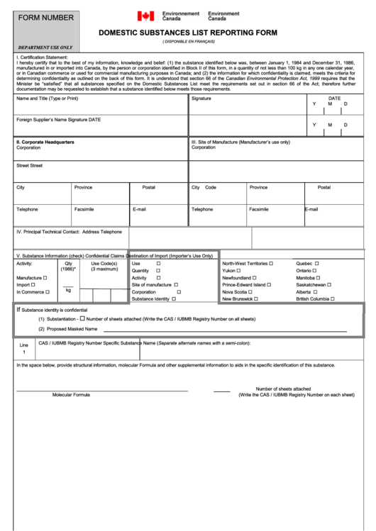 Domestic Substances List Reporting Form Printable pdf