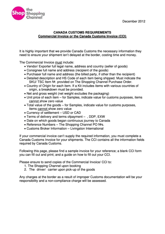 Canada Customs Invoice Template