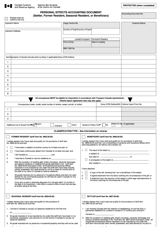 Personal Effects Accounting Document (settler, Former Resident, Seasonal Resident, Or Beneficiary)