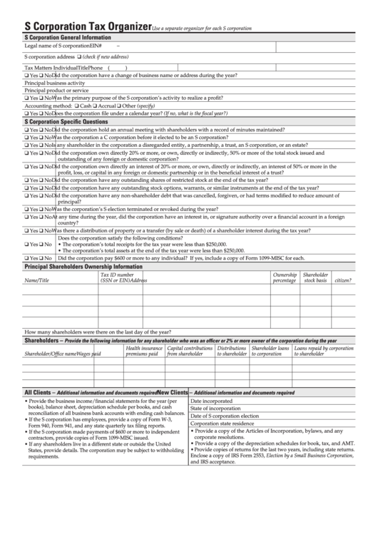 Fillable S Corporation Tax Organizer Template - Fillable Printable pdf