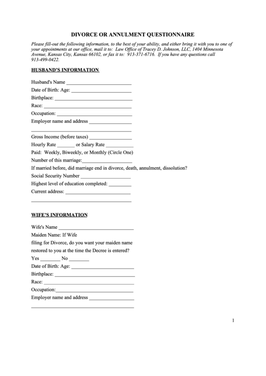 Divorce Or Annulment Questionnaire Printable pdf