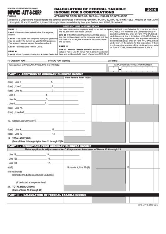 Form Nyc-Att-S-Corp - Calculation Of Federal Taxable Income For S Corporations - 2014 Printable pdf