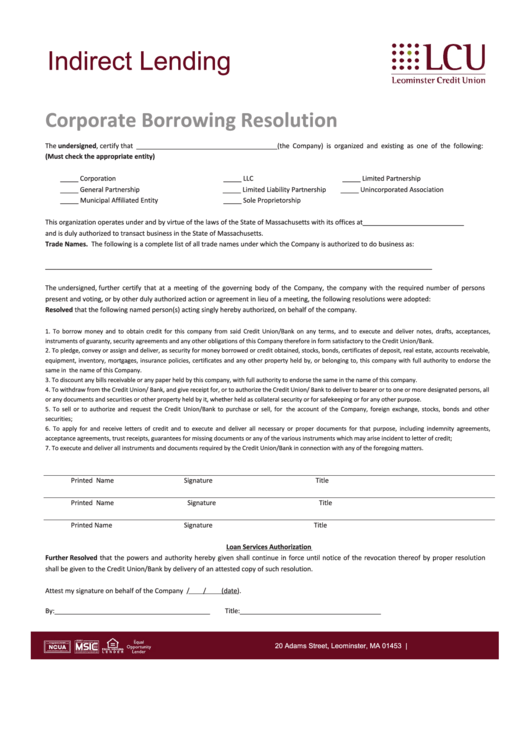 Lcu Corporate Borrowing Resolution Printable pdf