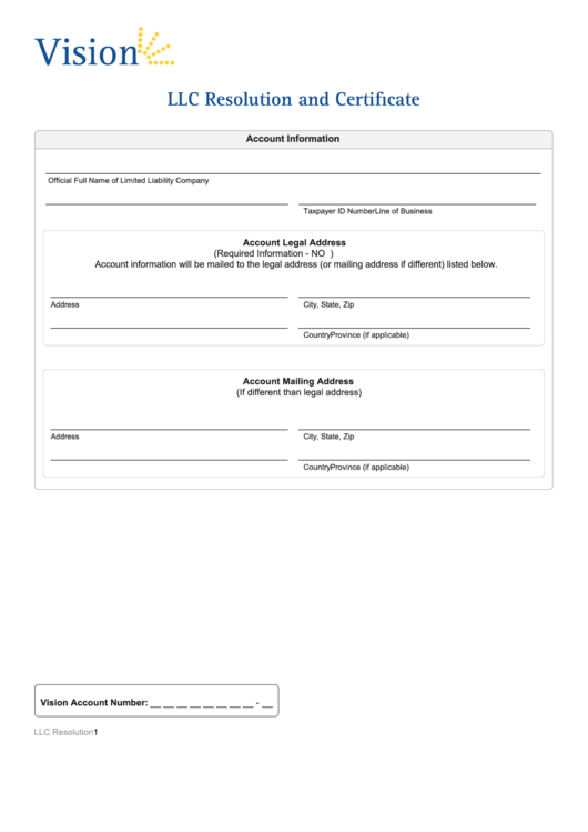 Fillable Vision Llc Resolution And Certificate Printable pdf