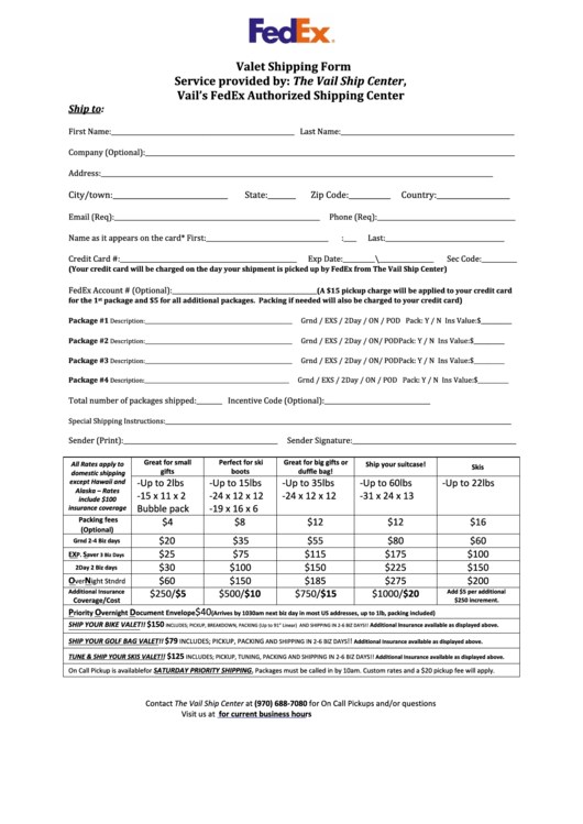 Fedex Valet Shipping Form Printable pdf