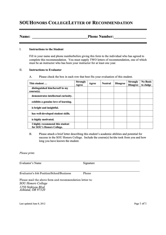 Sou Honors College Letter Of Recommendation Printable pdf