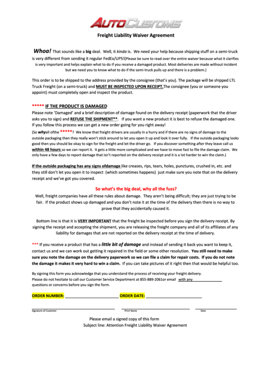 Autocustoms Freight Liability Waiver Agreement Printable pdf