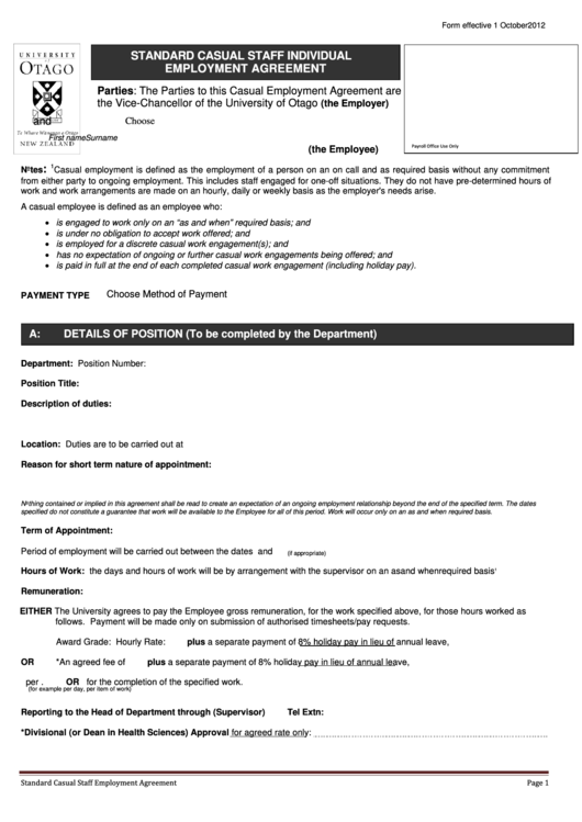 Standard Casual Staff Individual Employment Agreement