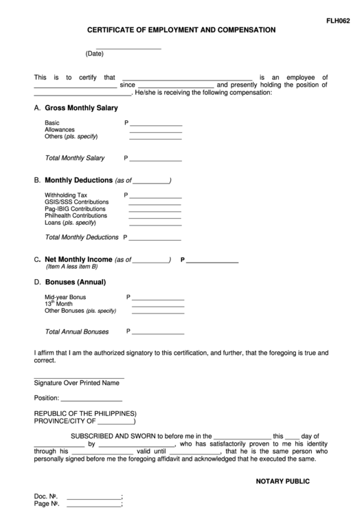 Certificate Of Employment And Compensation Printable pdf
