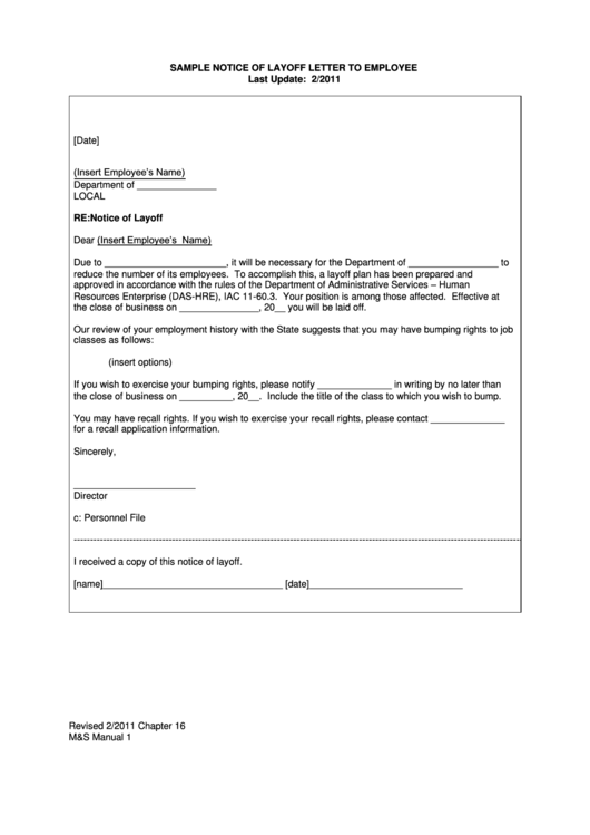 Sample Notice Of Layoff Letter To Employee printable pdf download