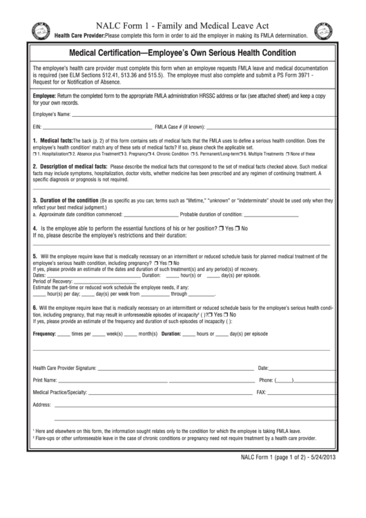 Medical Certification Employees Own Serious Health Condition Form Printable pdf