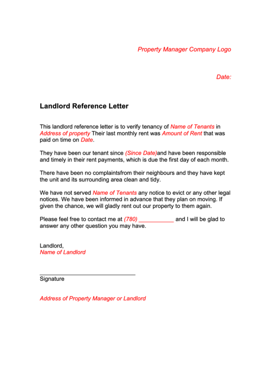 Landlord Reference Letter Printable pdf
