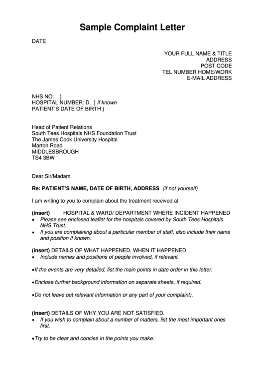 Sample Complaint Letter Printable pdf