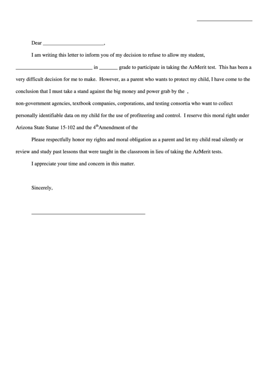 Fillable School Test Release Letter Template printable pdf download