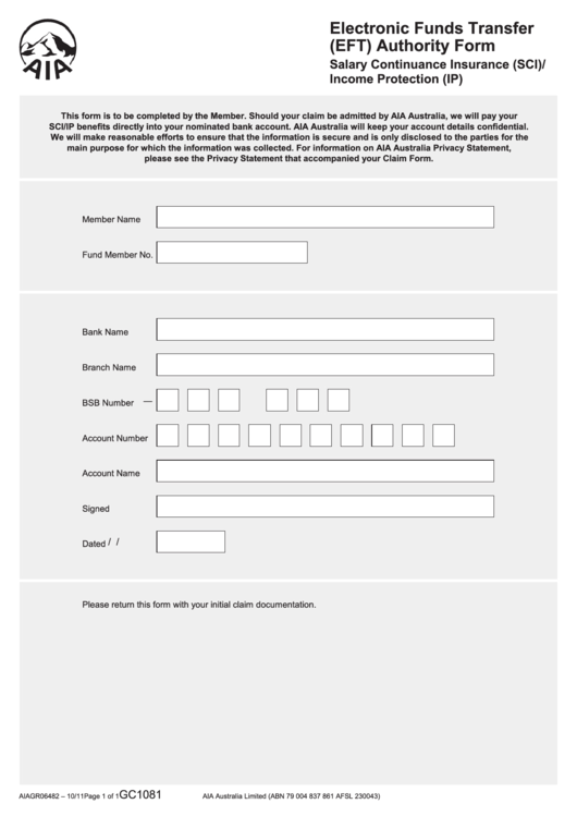 Fillable Electronic Funds Transfer (Eft) Authority Form Printable pdf