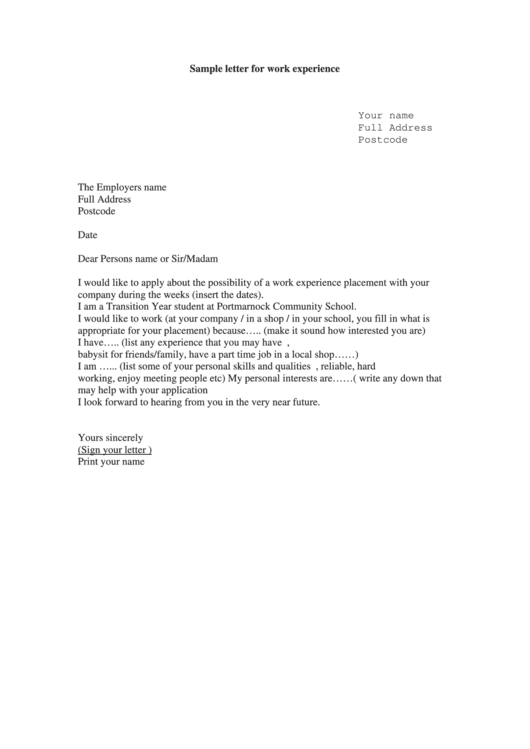 Sample Letter Of Intent For Work Experience Printable pdf