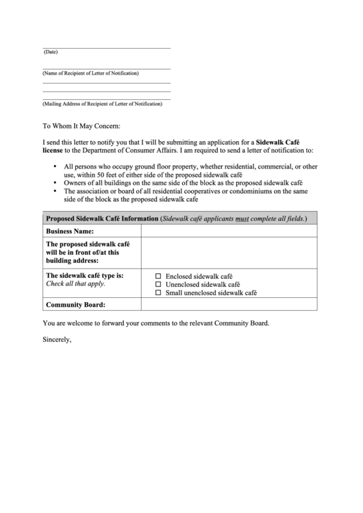 Fillable Cafe Notification Letter Printable pdf