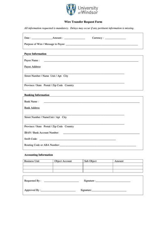 University Of Windsor Wire Transfer Request Form Printable pdf