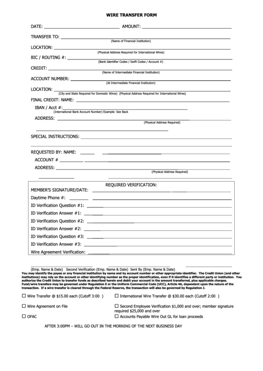 Fillable Wire Transfer Form Printable pdf