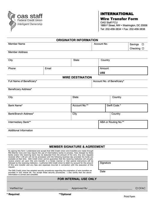 Fillable Oas Staff International Wire Transfer Form Printable pdf