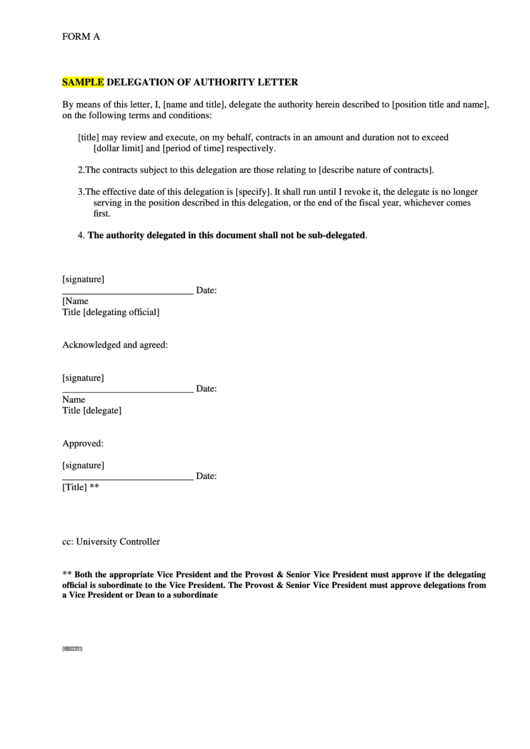 Form A - Sample Delegation Of Authority Letter Printable pdf