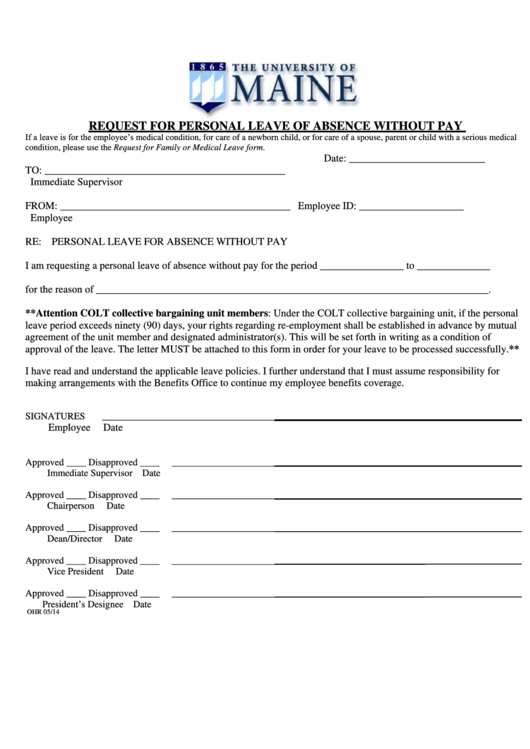Request For Personal Leave Of Absence Without Pay Printable pdf
