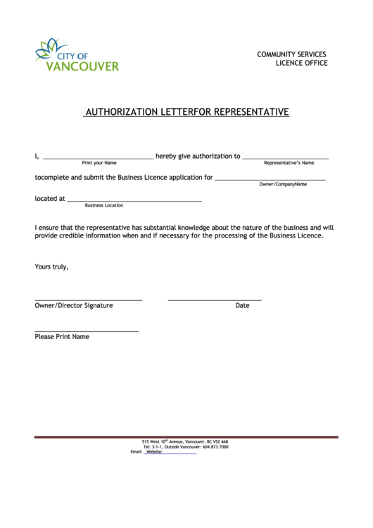 Fillable Authorization Letter Template For Representative Printable pdf