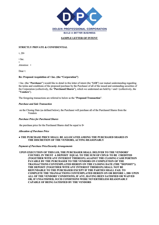 Sample Letter Of Intent Printable pdf