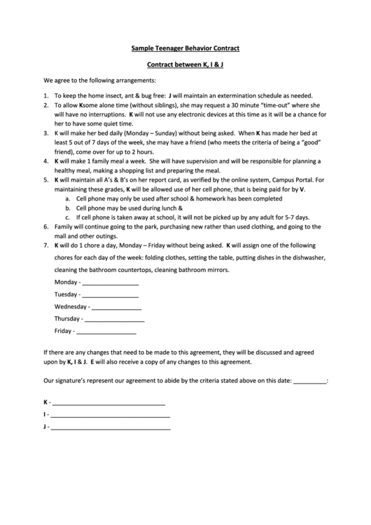 Sample Teenager Behavior Contract Printable pdf