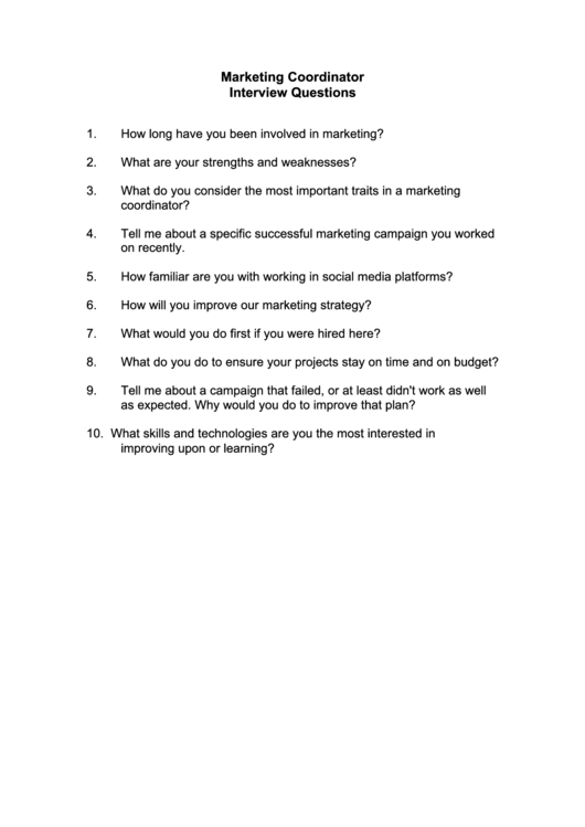 Marketing Coordinator Interview Questions Template Printable pdf