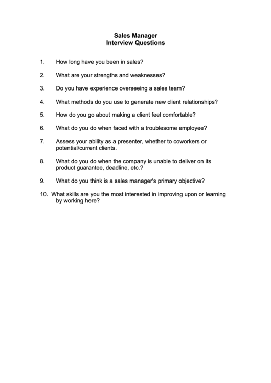 Sales Manager Interview Questions Template Printable pdf