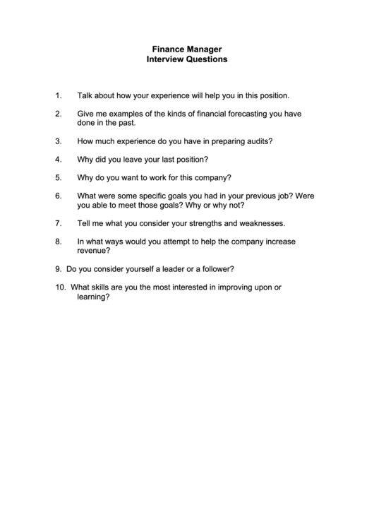Finance Manager Interview Questions Printable pdf